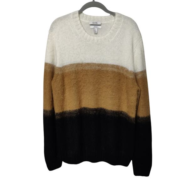 COS Mens Sz L Regular Fit Thick Wool Mohair Blend Sweater Colorblock Brown Black - Picture 1 of 6